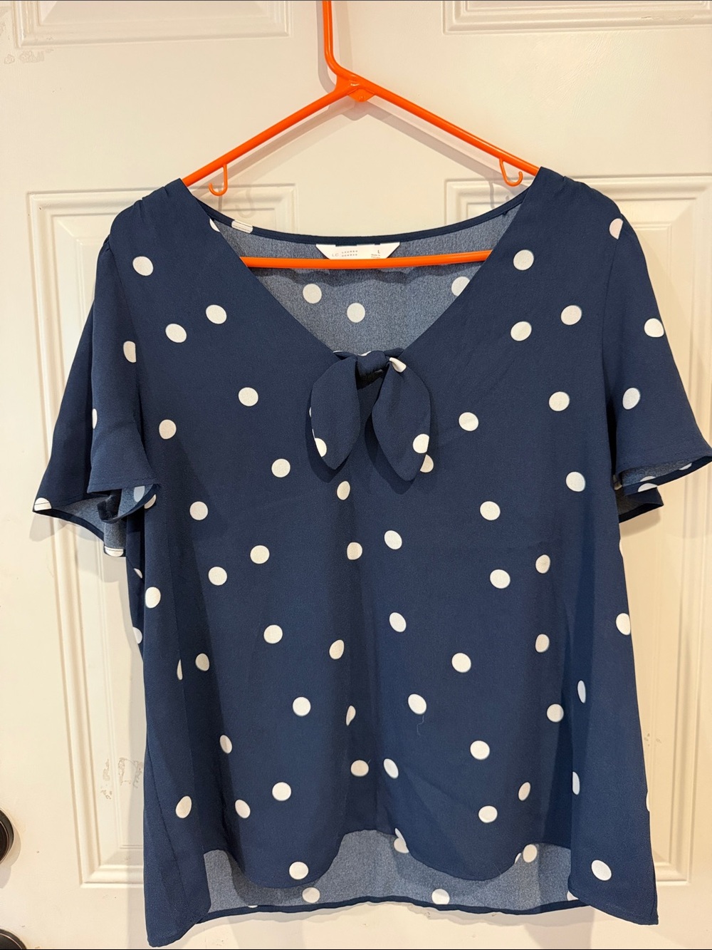 LC Lauren Conrad Navy Blue Polka Dot Tie-Neck Blouse